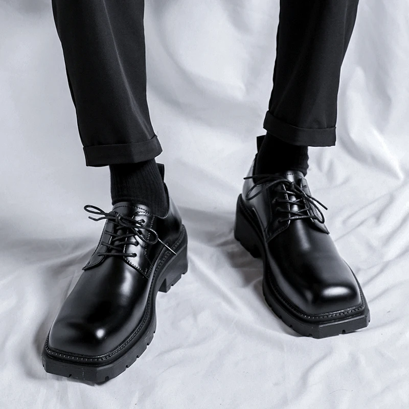 Mens Casual Shoes Business Formal Shoes Japanese Thick Sole Heightened Work Square Toe Men's Shoes