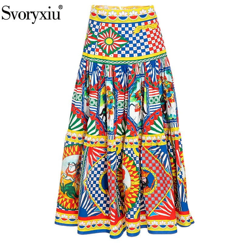 

Svoryxiu Runway Designer Summer Fashion High Waist Cotton Long Skirt Women's Vintage Warrior Totem Print Skirt