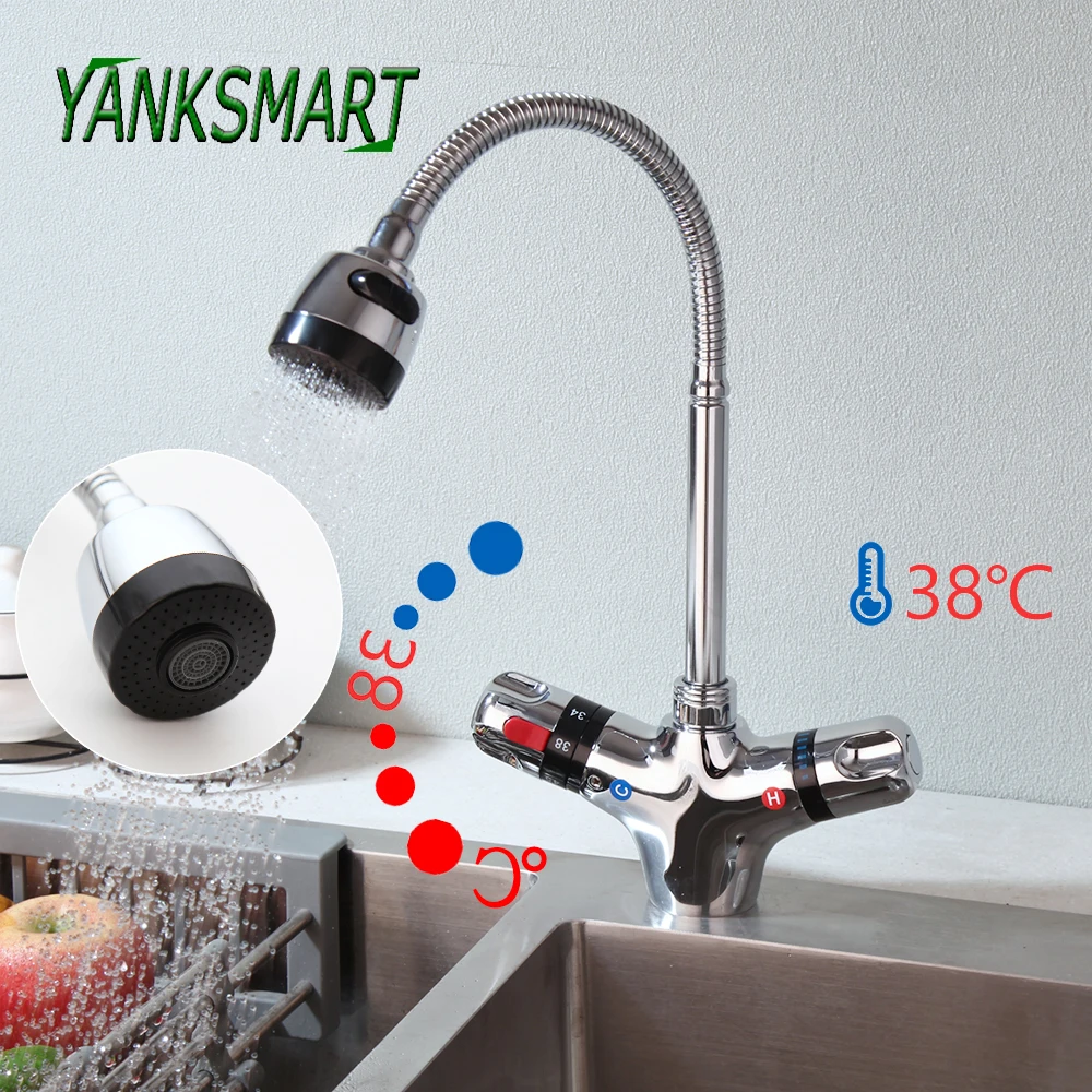 YANKSMART Kitchen Faucets Solid Brass Chrome Thermostatic Faucet Constant Temperature Deck Mount Sink Mixer Flexible Faucet