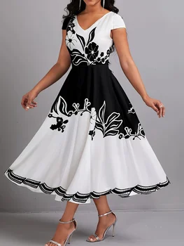 Plus Size Peplum Floral Print Dress - Elegant V-Neck, Short Sleeves