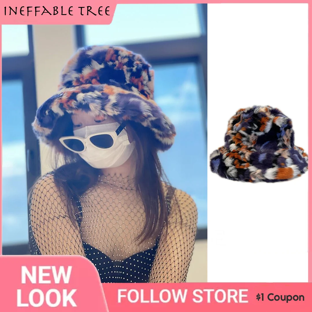 

INS Purple Splicing Faux Fur Bucket Hat Autumn Winter Street Hip Pop Imitation Fur Fisherman Hat Women Warm Fluffy Sun Bob Caps