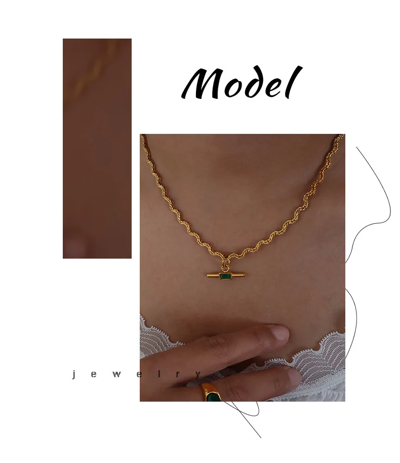 18k Gold Plated Stainless Steel Chain Green & Black Zircon Pendant Necklace