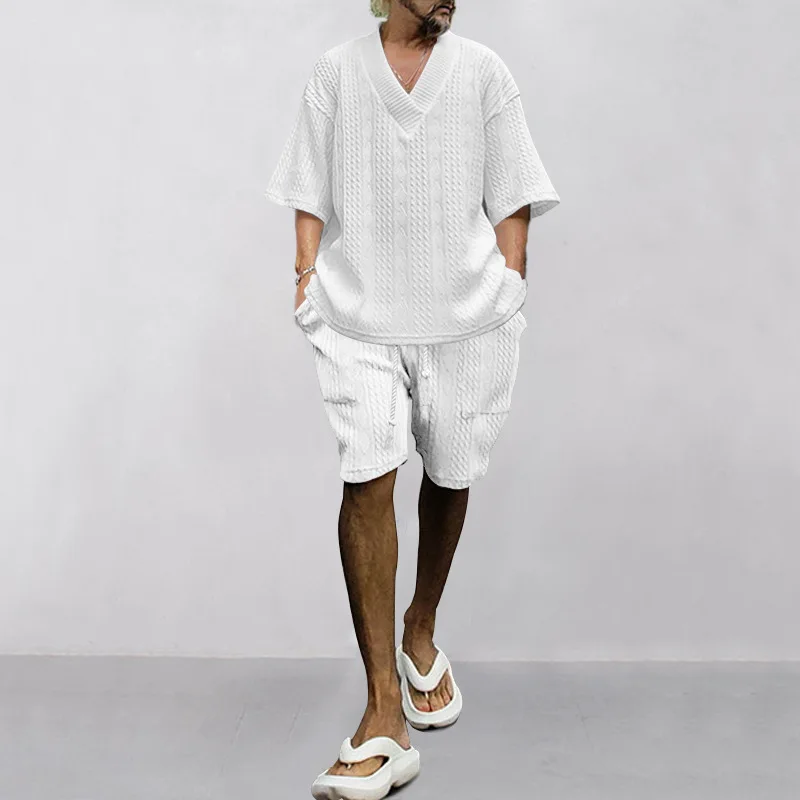 Summer Solid Shorts Suit for Men Simple Loose V-neck T-shirts and Drawstring Shorts 2 Pcs Sets Casual Soft Jacquard Tracksuit