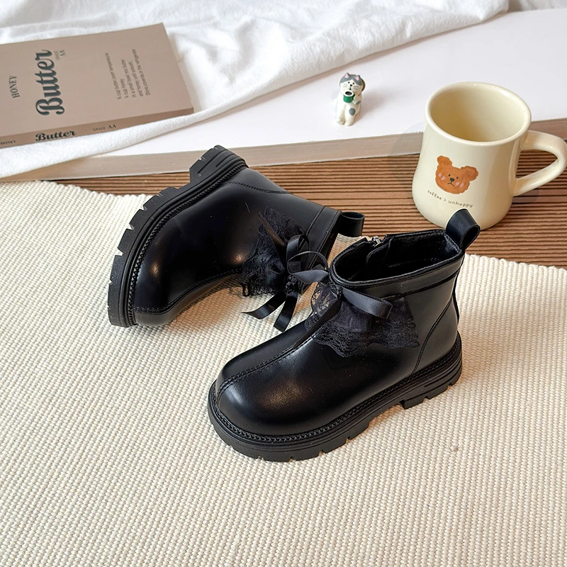 Girls Fleece Leather Ankle Boots with Lace Bow for Winter