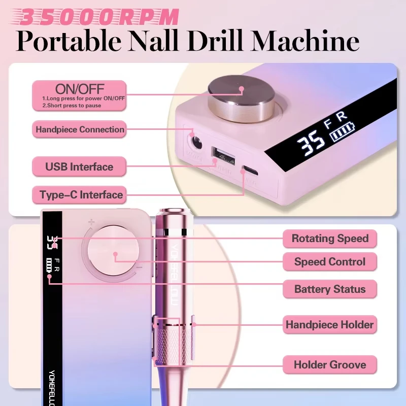 Rechargeable 35000RPM Electric  Professional Portable E File Machine for Acrylic Nail Natural Extension Gel Nails 2