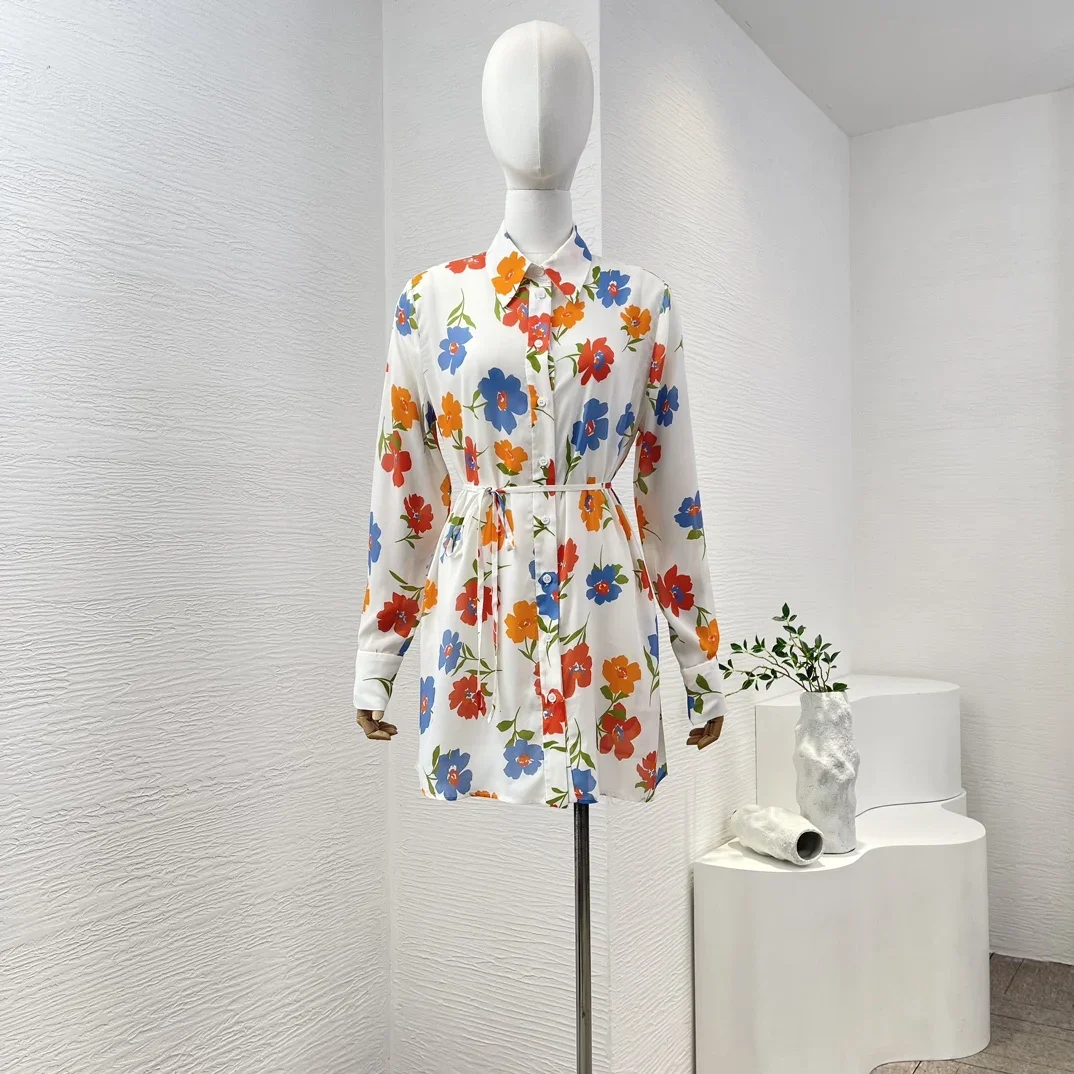 

2024 New White Flowers Print Long Sleeve Shirt Mini Dress