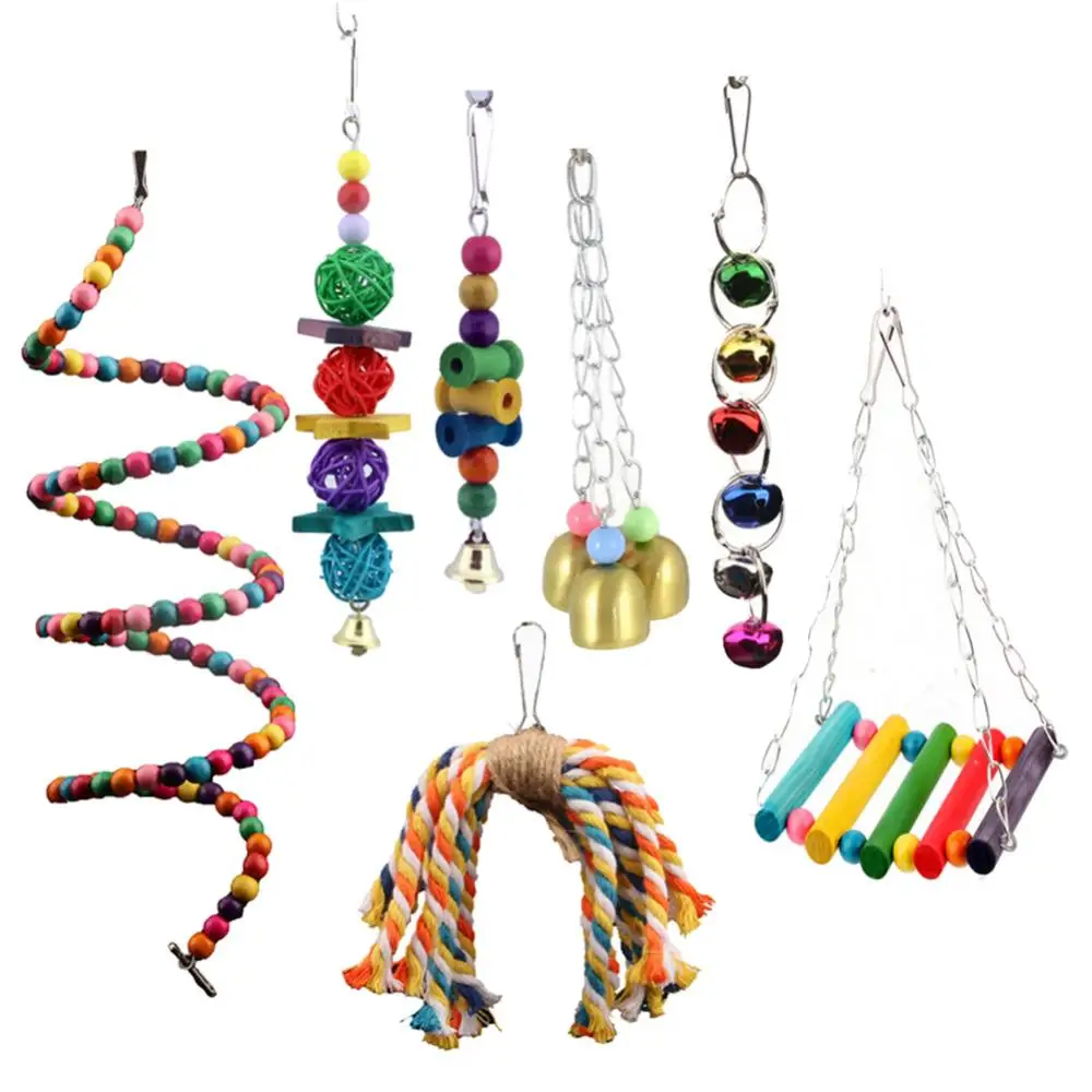 7Pcs Bird Toys Set Rattan Ball Ladder Spiral Rope Parrot Play Toy Pet Bird Cage Hanging Decor with Ladder Pet Supplies
