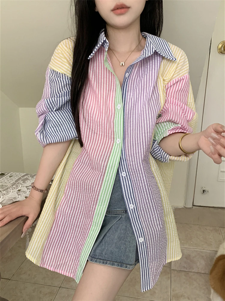 ADAgirl Patchwork Striped Shirts for Women Oversize Casual Blouses Loose Long-sleeved Button Coat Korean Style Fashion Y2k Tops adagirl flare jeans women high waist y2k oversize fashion kpop tiger stripe wide leg denim pants 90s streetwear casual trousers