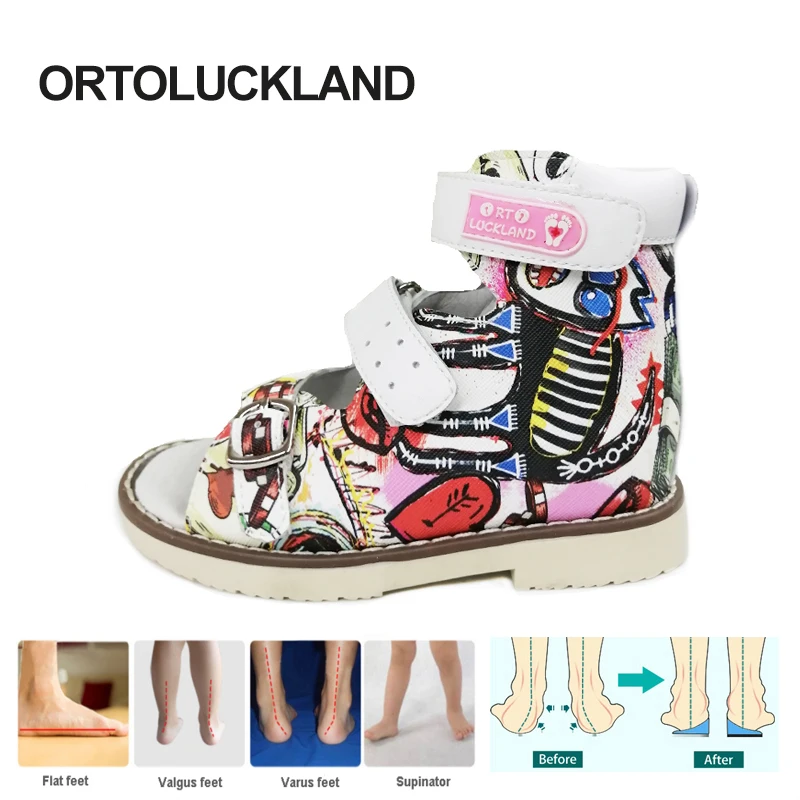 Ortoluckland Girls Sandals Summer Toddler Orthopedic Shoes Kids Child Graffiti Pattern Leather Footwear 3 To 10Years Age