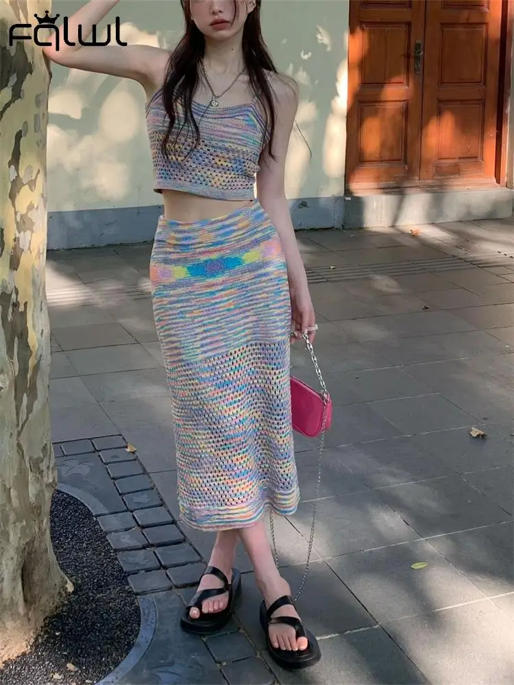 

Женский трикотажный костюм из двух предметов, облегающий Топ без рукавов и юбка средней длины с открытыми плечами