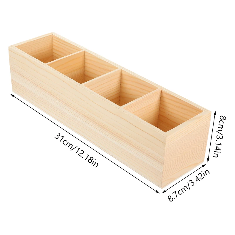 Wood Pencil Holder Desk Remote Control Holder Desktop Storage 4 Compartments Multi-Functional Desk Organizer Pen Pencil Office