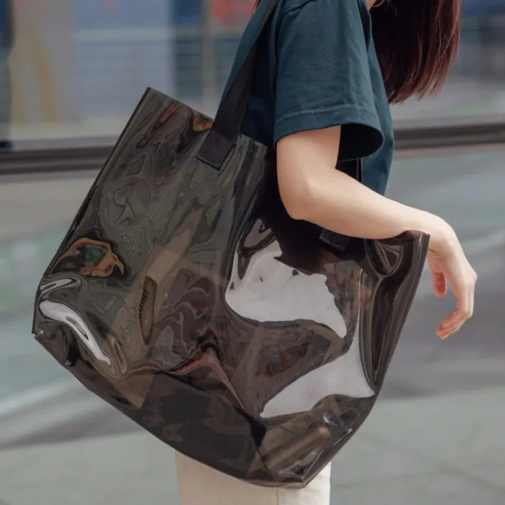 

PVC Clear Jelly Bag Lightweight Large Capacity Laser Tote Bag Casual Woven Handle One Shoulder Bag Ladies Tote