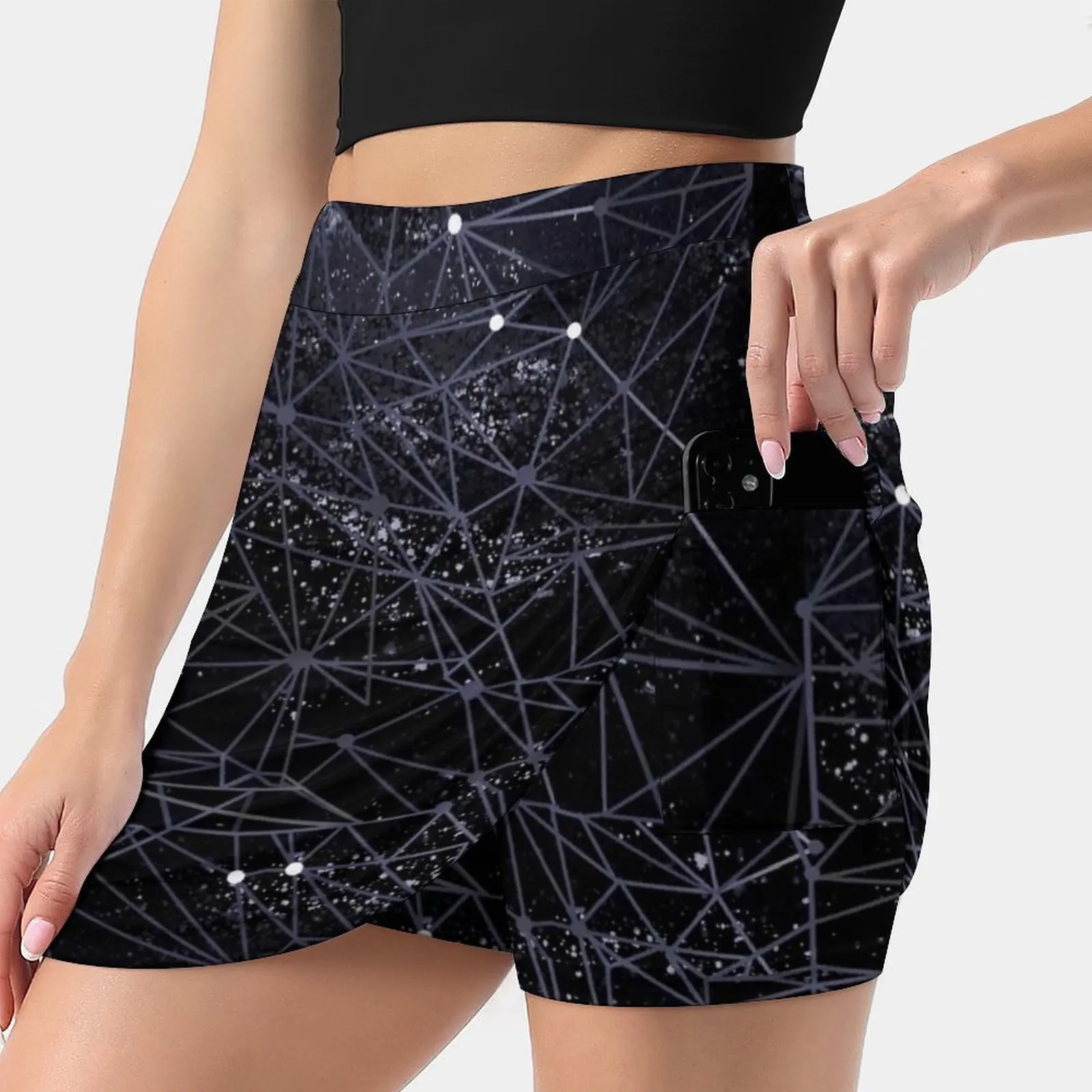 

Женская мини-юбка с геометрическим рисунком космоса, трапециевидная Юбка со скрытым карманом, Геометрическая абстрактная космическая конструкция со звездами