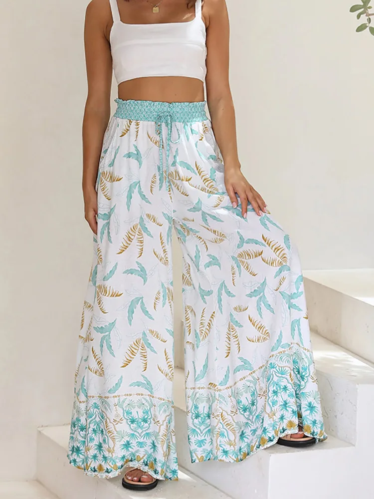 

Women Trousers Spring Summer Comfortable Printing Pocket Lace-Up Wide Leg Pants Loose Fit Elastic Waist Streetwear Dropshipping