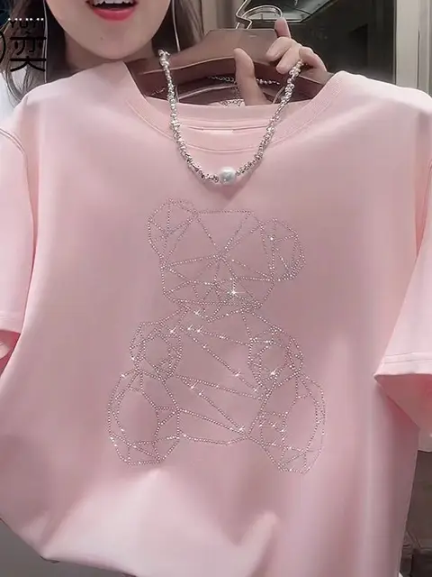 Cotton European Hot Beads Short Sleeve Women's New Style Age Reducing Slim Covering Round Neck Loose Fashion T-shirts 2