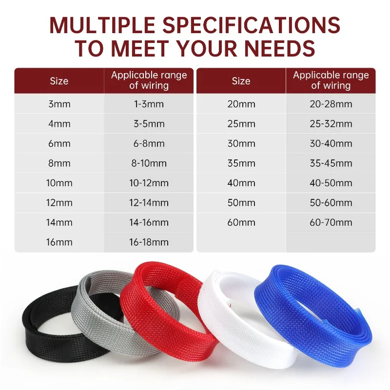 High-Density Nylon Mesh Expandable Braided Sleeving - 12 Vibrant Colors, 10/50m Length, 2mm-25mm Diameter
