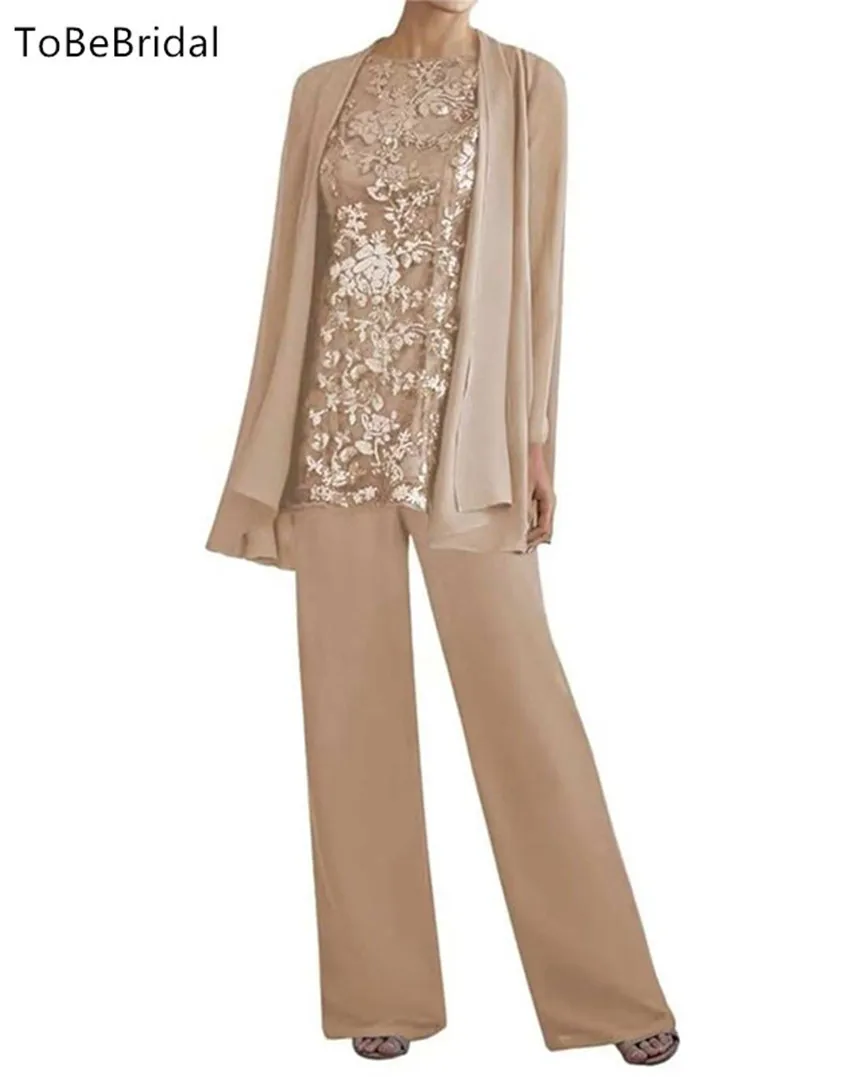 Mother Of The Bride Dresses Plus Size 3 Three Pieces Suits Pants Long Sleeve Embroidery Lace Jacket Evening Dresses Customized