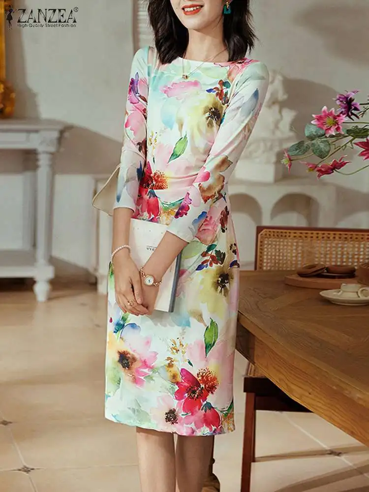 

ZANZEA Elegant Wrap Fishtail Dress Women Bodycon Pencil Dress 2023 Autumn 3/4 Sleeve Bohemian Floral Print Knee-length Vestidos