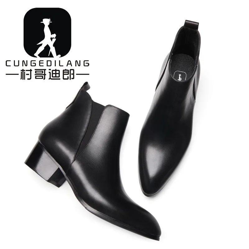 남성용 가죽 짧은 부츠, 영국 스타일 신발, 하이힐 작업 부츠, 오토바이 짧은 부츠, 캐주얼 앵클 슈즈, 겨울, 5cm