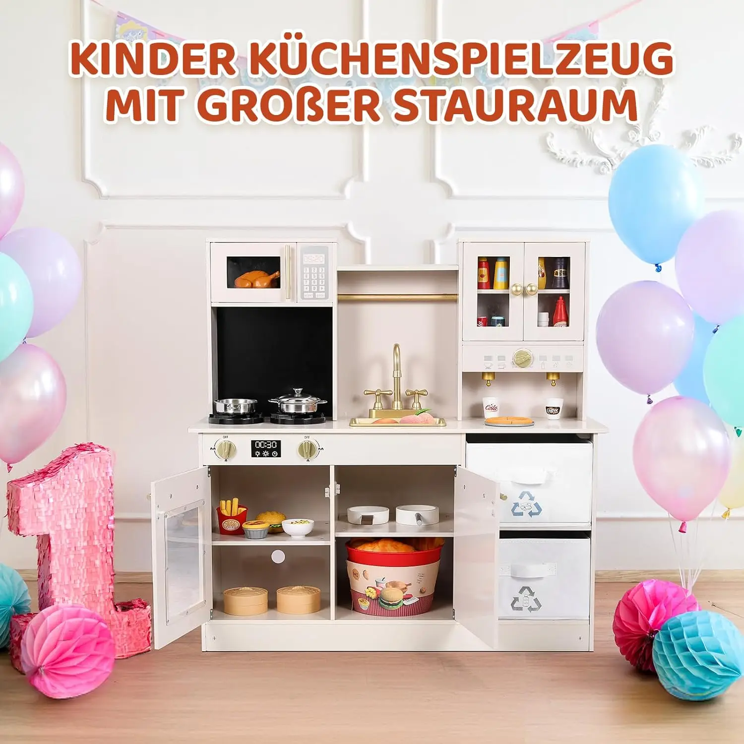 Play Kitchen for Kids, Wooden Pretend Toy Kitchen, Large Toodler Cooking Playset w/Cookware, Stove w/Light & Sound, Fabric Boxs