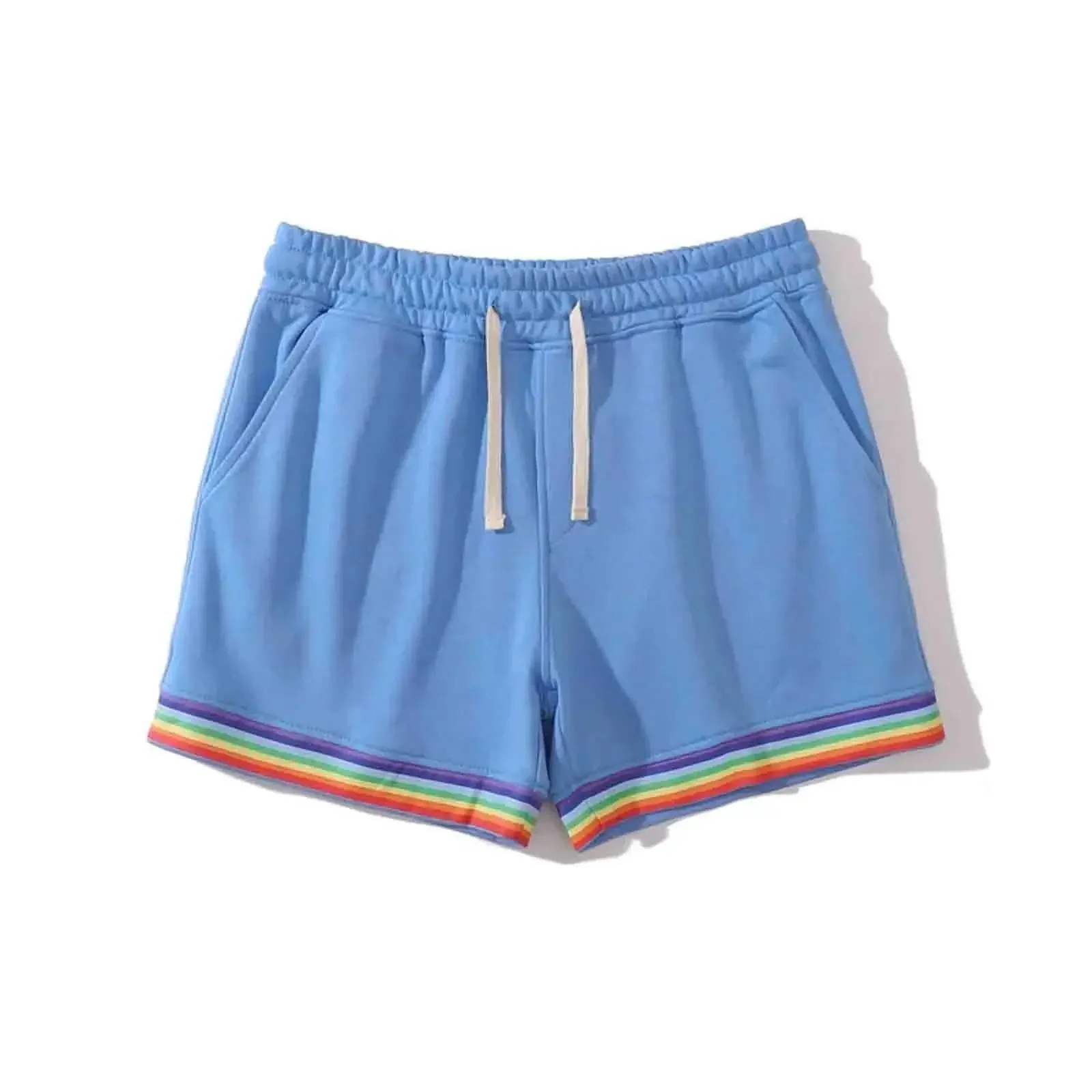 2025 Summer New Men's Rainbow Edge Striped Fashion Shorts for Casual Large Outdoor Sports Cycling Drawstring Pocket Beach Shorts