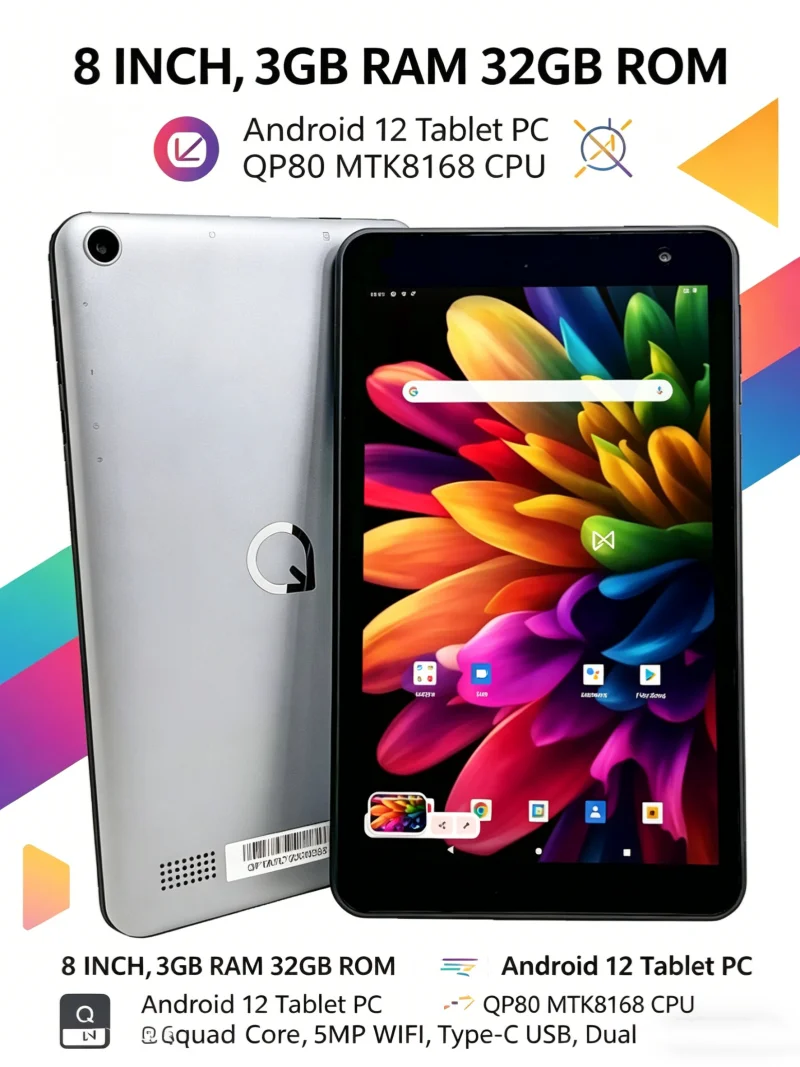 8인치 2GB 램 32GB 롬 안드로이드 12 QP80 키즈 태블릿 PC 최신 판매 1024 x 600 픽셀 MTK8168 쿼드코어 1.4GHz GPS WIFI
