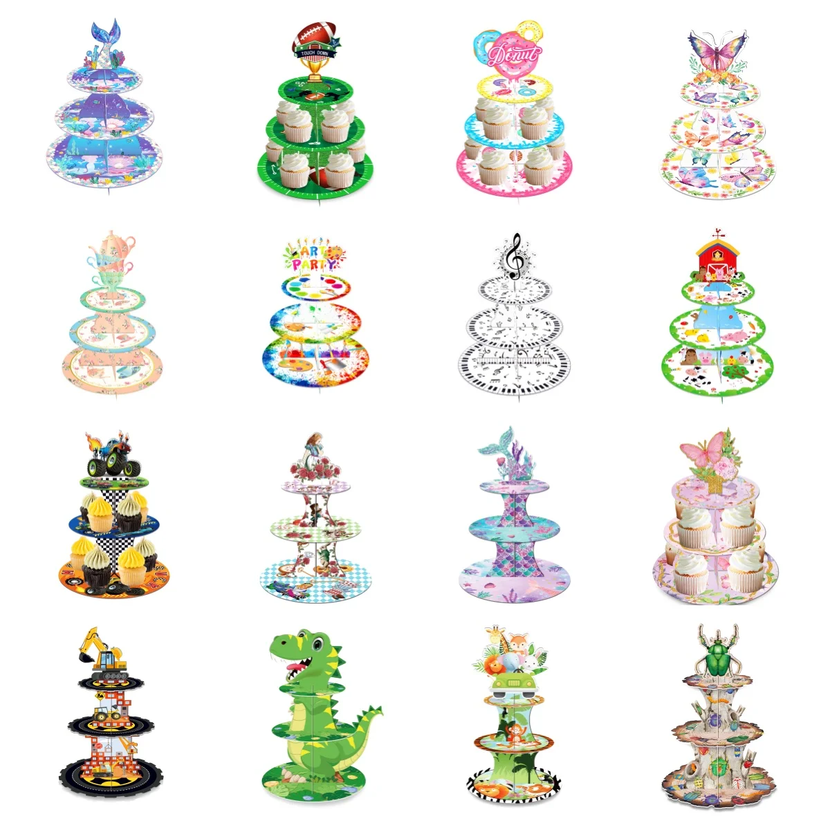 3 레이어 만화 인어 정글 공룡 생일 케이크 스탠드, 컵케이크 홀더 장식, 컵케이크 토퍼, 베이비 샤워 파티 용품 
