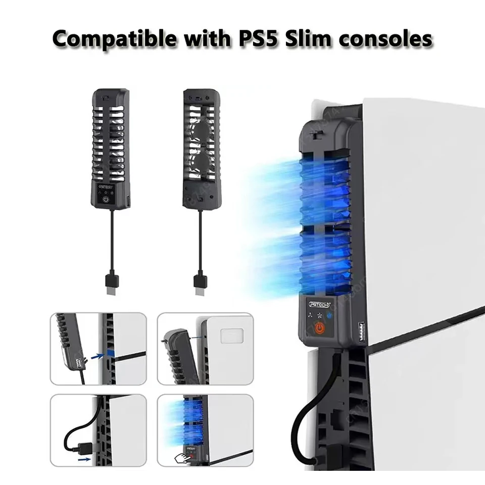 Cooling Fan with 3 Speed Cooler for PS5 Slim Disc & Digital Edition Console with LED Light USB 2.0 Hub for PS5 Slim Accessories