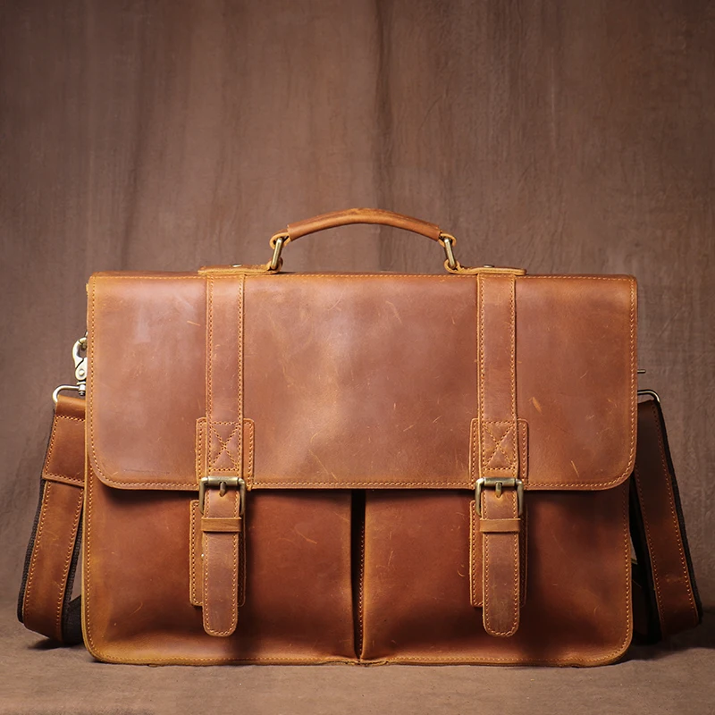 LUOKIR Vintage Crazy Horse Briefcase Travel Genuine Leather Handbag Luxury Men's Messenger Computer Shoulder Bag 14 Inch Laptop 3