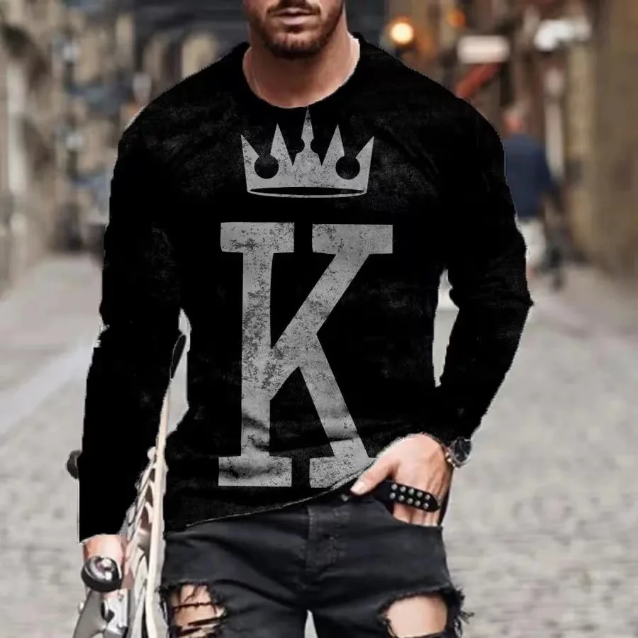 2022  Men'S T-Shirt Fashion King Printed Pattern Long Sleeve Round Neck Oversized Top Street Spring Personalized Clothes Shirt