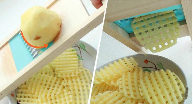Description Picture 4 of itemWooden Potato Grid Slicer Vegetable Grater Corrugated Net Chopper Cutter Wave Knife Chipper Salad Kitchen Shredder Peeler Masher