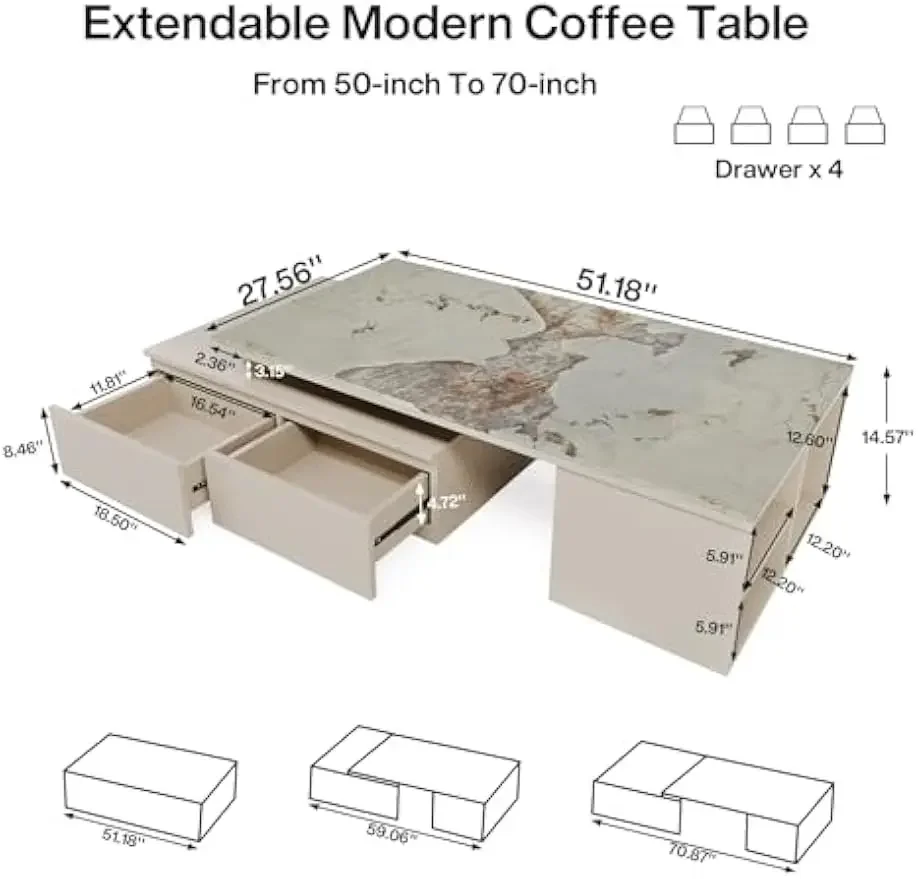 Extendable Tabletop Coffee Table , Modern from 51-Inch to 71-Inch Center Table for Living Room, Faux Marble Veneer 3
