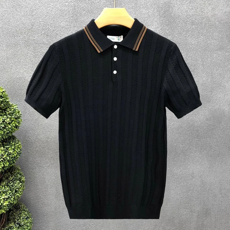 Fashionable Simple Striped Knit Polo Shirt Mens Summer Daily Leisure Breathable Knitted Tops Men Trendy Slim Short Sleeve Polos 8 S799d15a5851b46dca23a705d23f193e2N