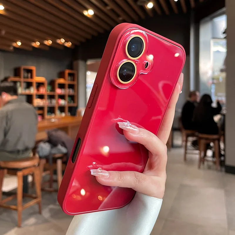 Luxury Glossy Tempered Glass Case with Camera Protector and Shockproof Hard Cover