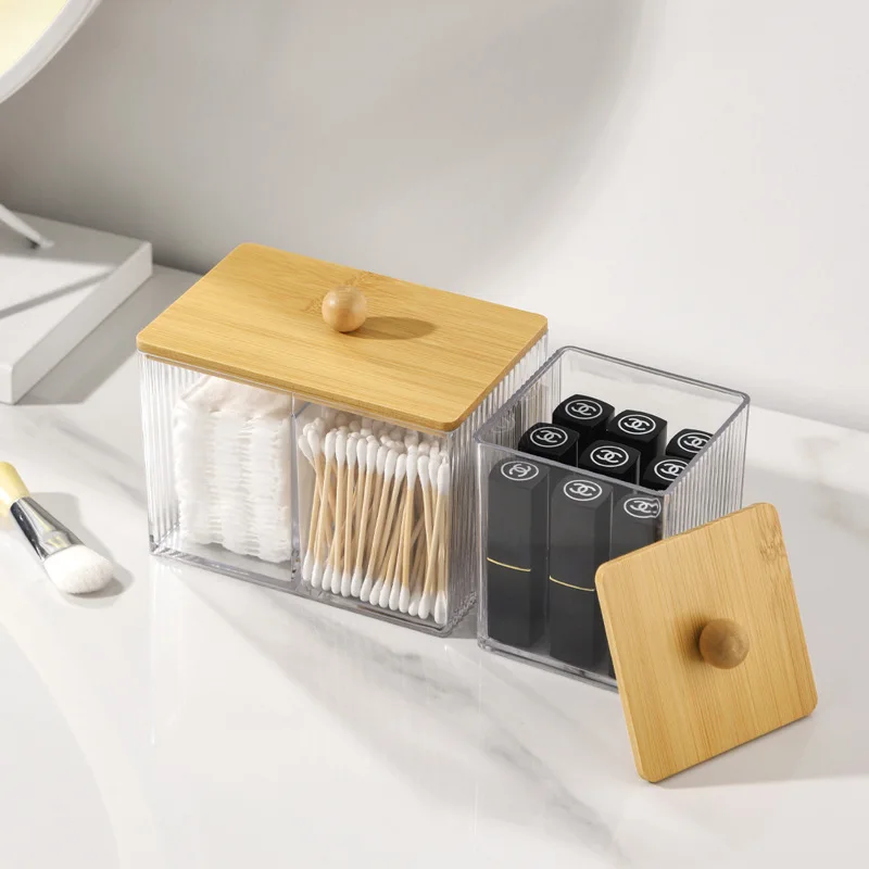 Acrylic Cotton Swab Holder Cotton Swab Dispenser with Bamboo Lids otton Ball Pad Round Swab Holder Clear Apothecary Canister Jar 2