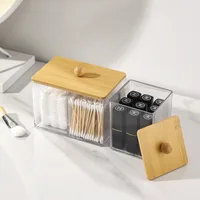 Acrylic Cotton Swab Holder Cotton Swab Dispenser with Bamboo Lids otton Ball Pad Round Swab Holder Clear Apothecary Canister Jar 2