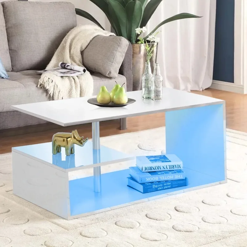 High Gloss Coffee Table with LED Lights Open Shelf Smart APP Control S Shaped Modern Sofa Side End Table for Living Room 4