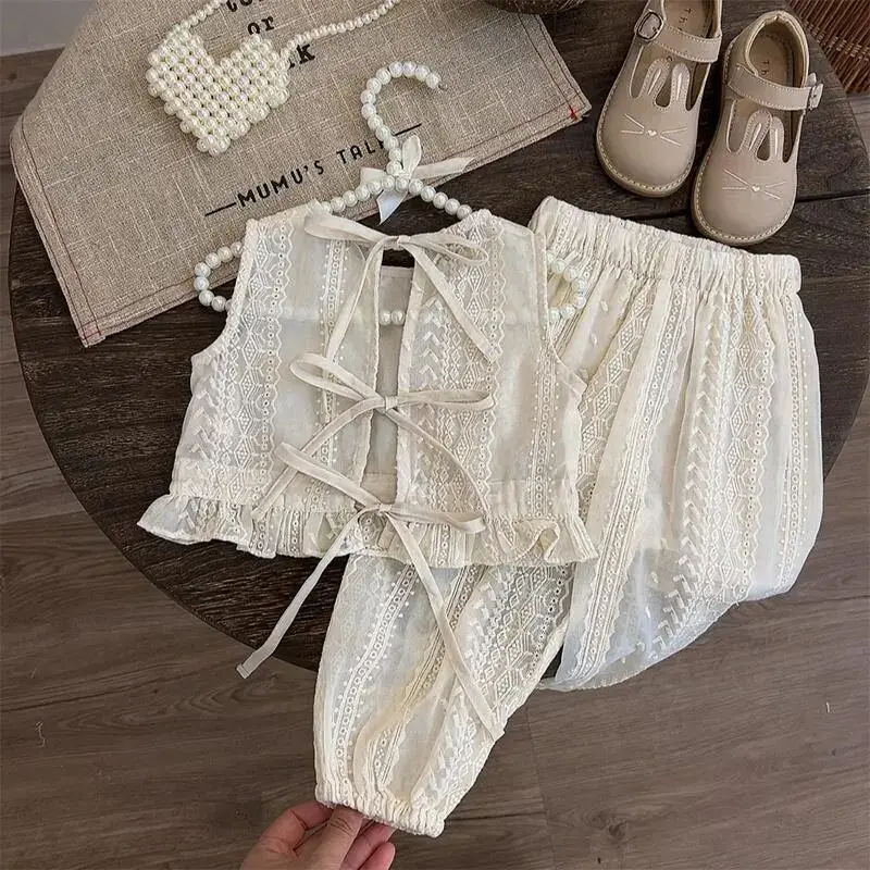 Girls' Summer Fashion Set Fashionable 2024 New Fashion Girl Baby Top Wide Leg Pants 2-piece Set Children's Summer Clothes set