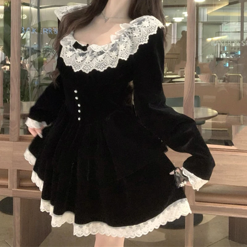 Vestido Y2K para mujer, ropa estética, con encaje, escote redondo, manga larga, corte A, minivestido de terciopelo, vestidos de fiesta, ropa de calle