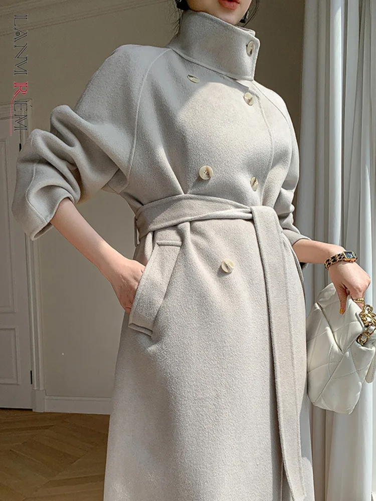 

LANMREM элегантное шерстяное пальто для женщин с воротником-стойкой и длинными рукавами, двубортное пальто с поясом, повседневная женская одежда, новинка 2024, 2YA1900
