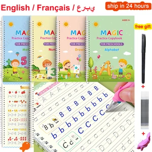Libro de copia de práctica mágica para niños, juguete reutilizable de limpieza gratuita, pegatina de escritura francesa árabe, cuaderno de escritura en inglés
