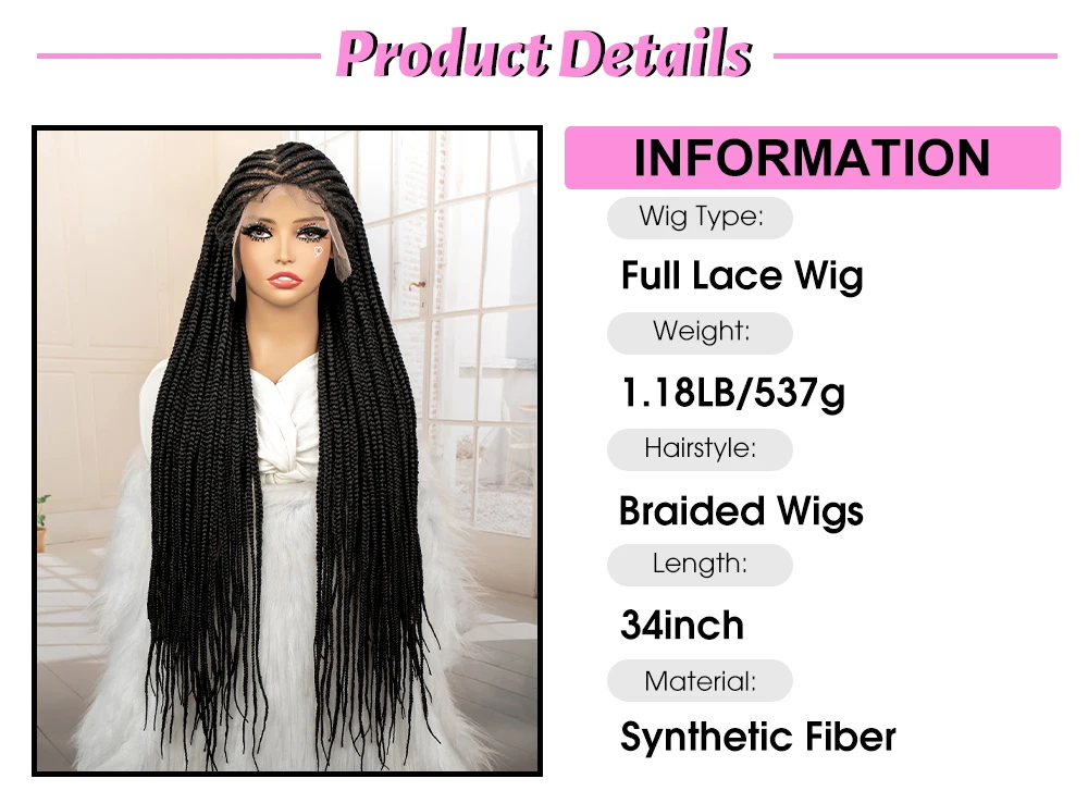 34 Inches Handmade Cornrow Braided Wigs Full Lace Synthetic Knotless Box Braiding Wig Cornrow Braids Lace Wigs African Hair Wigs