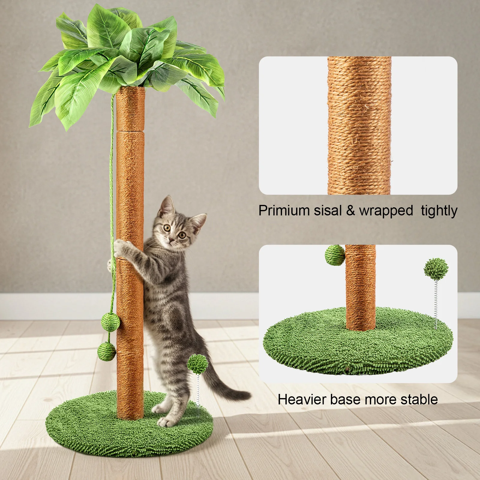 84cm Indoor Cat Scratching Post – Palm Tree–Inspired Design with Premium Natural Sisal Rope, Interactive Dangling Balls & Staple-Free Safety for Kittens & Medium Cats
