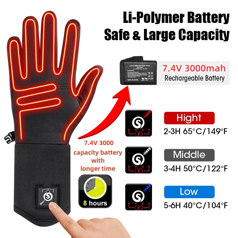 

Перчатки с подогревом на батарейках, теплые зимние перчатки большой емкости 3000 мА, перезаряжаемые перчатки для мотоциклов, велосипедов, лыж на открытом воздухе