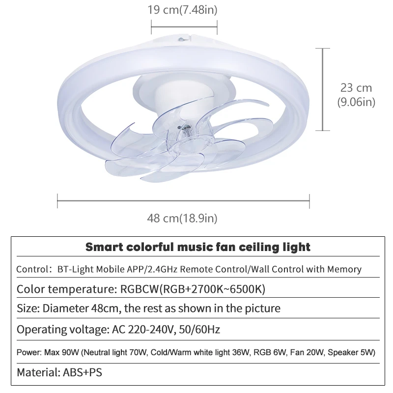 Ceiling Oscillating Fan Light 7-blade LED Ceiling Fan Lamp With APP Remote Control 6 Levels of Wind Speed RGBCW Lamp