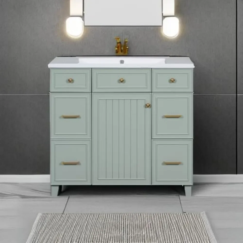Bathroom Organizers, 36" Bathroom Vanity With Sink, Modern Green Bathroom Vanity With 3 Drawers & Cabinet, Bathroom Cabinet With 5