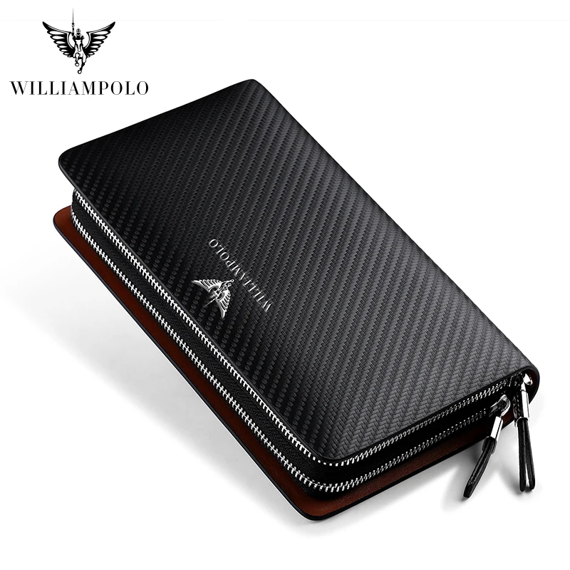 WILLIAMPOLO Men's Wallet Business Large Capacity Clutch Bag Genuine Leather Clutch Wallet Double Zipper Handbag Long Men Wallet 3