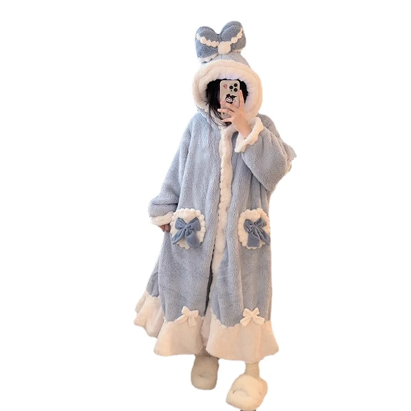 Bow Robe for Women Sleepwear Nightdress Winter Night Wears Cute Fleece Pajama One Piece Nightgown Hooded Long Sleeve Homewear