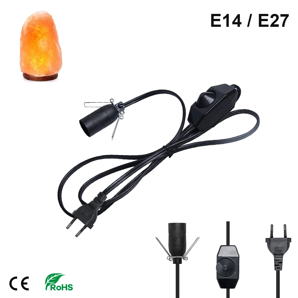1.8m Power Cord Cable Wire with Dimmable Switch E27 Metal Clip E14 Socket Lamp Base Hanglamp Holder EU Cord for Salt Rock Lamps