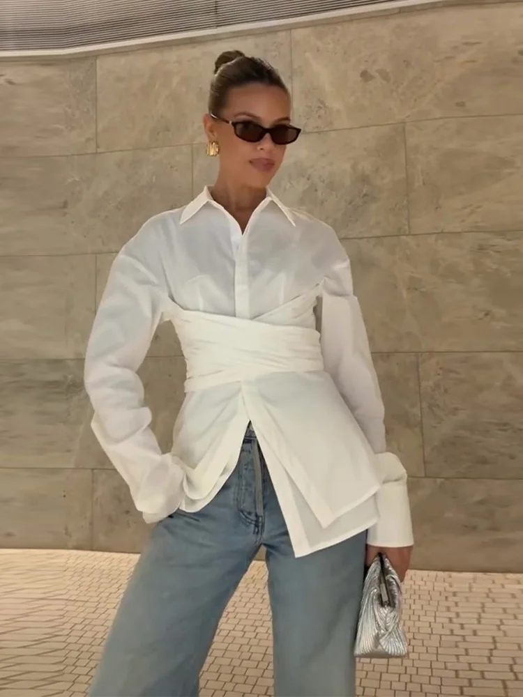 Lapel Waist Cinching Lace Up Shirt Women Elegant Solid Long Sleeve Buttons  Irregular Hem Slim Fit Shirts Designer Versatile Tops